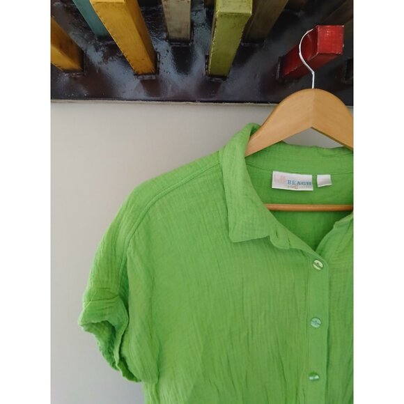 Belle Beach Kim Gravel Button Down Gauzy Shirt Size Large Green S/S Tie Front - Picture 3 of 9